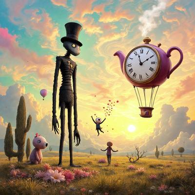 The primary subject of the image is a large, creepy-looking skeleton figure, which is standing in a field with a clock in the background. The setting is a sunny day, and the visual style appears to be a digital art or illustration. The dominant colors in the image are pink and orange, creating a warm and inviting atmosphere.